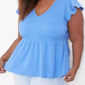Lane Bryant Light Blue Smocked V-Neck Embroidered Flutter Sleeve Top 22/24